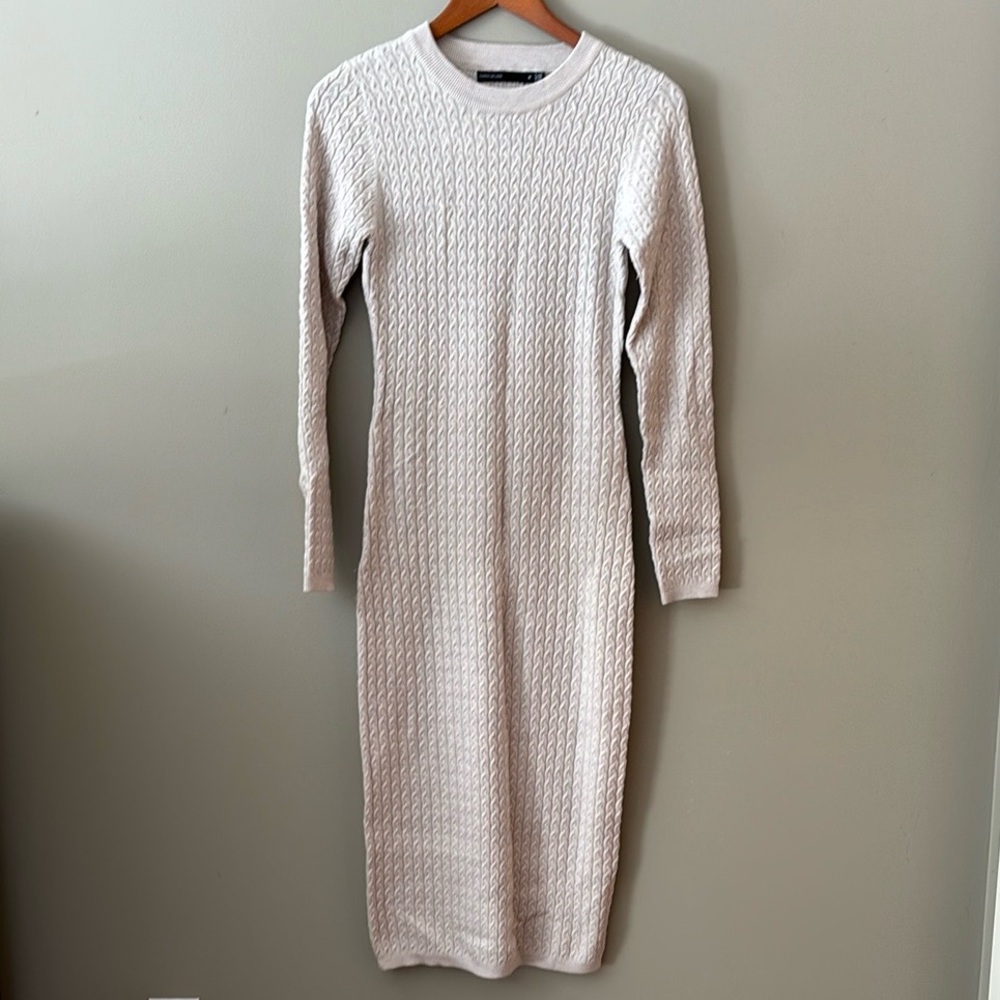 Karen Millen Bodycon Cable Knit Midi Sweater Dress Lt Gray Beige Medium